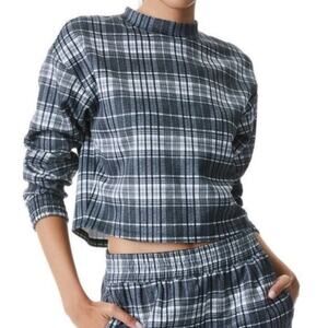 Alice + Olivia Leslie Cropped Mock Neck Sweatshirt Charcoal Plaid XL Stretch